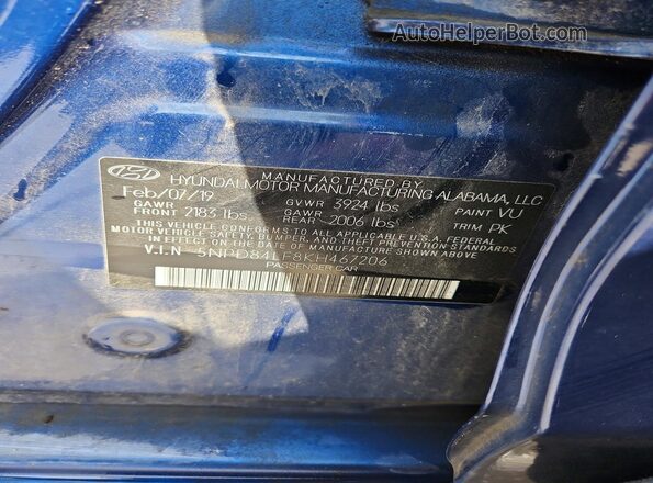 5NPD84LF8KH467206 2019 HYUNDAI ELANTRA Blue Vista del compartimento del motor