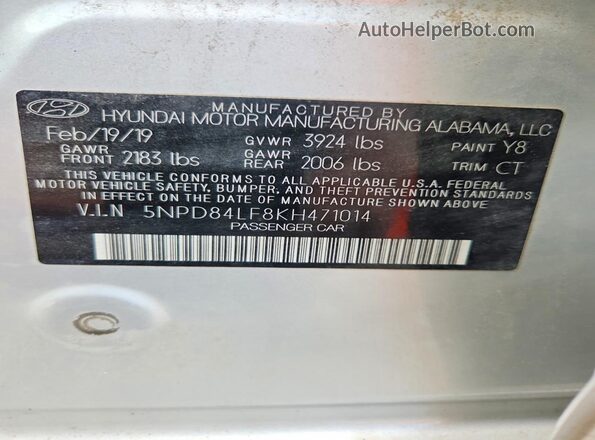 5NPD84LF8KH471014 2019 HYUNDAI ELANTRA Silver Вид наклейки з VIN-кодом