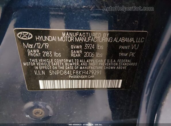 5NPD84LF8KH479291 2019 HYUNDAI ELANTRA Blue Widok komory silnika