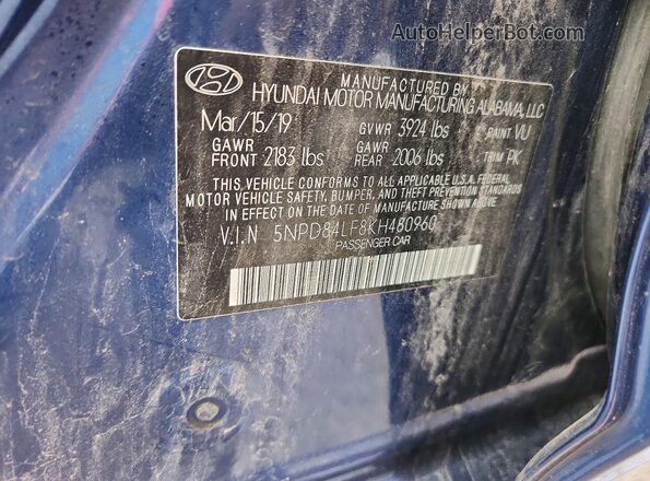5NPD84LF8KH480960 2019 HYUNDAI ELANTRA Blue Engine compartment view