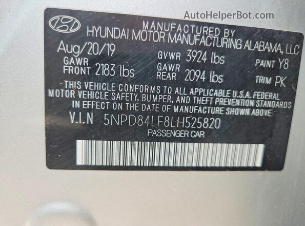 5NPD84LF8LH525820 2020 HYUNDAI ELANTRA Silver Vista del compartimento del motor