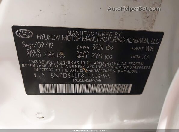 5NPD84LF8LH534968 2020 HYUNDAI ELANTRA Белый Вид подкапотного пространства
