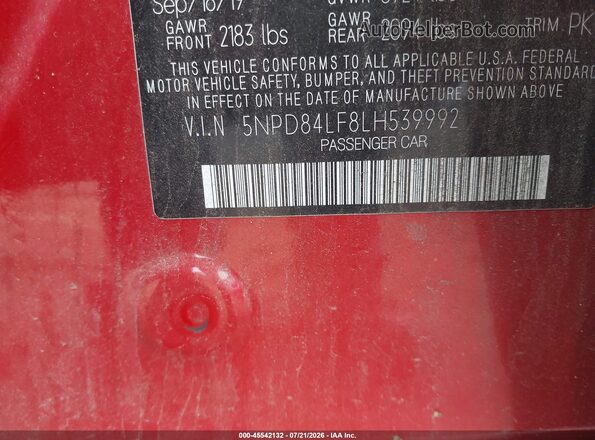 5NPD84LF8LH539992 2020 HYUNDAI ELANTRA Red Vista frontal