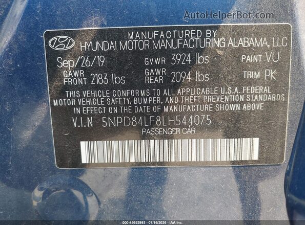 5NPD84LF8LH544075 2020 HYUNDAI ELANTRA Blue ძრავის განყოფილების ხედი