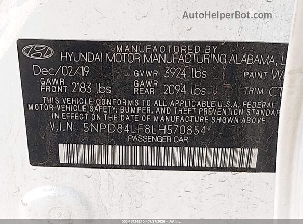 5NPD84LF8LH570854 2020 HYUNDAI ELANTRA Белый Вид подкапотного пространства