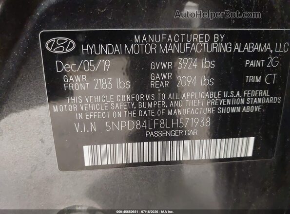 5NPD84LF8LH571938 2020 HYUNDAI ELANTRA Gray ძრავის განყოფილების ხედი