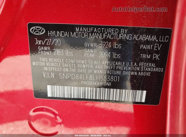5NPD84LF8LH583801 2020 HYUNDAI ELANTRA Red Շարժիչի բաժամունքի տեսք