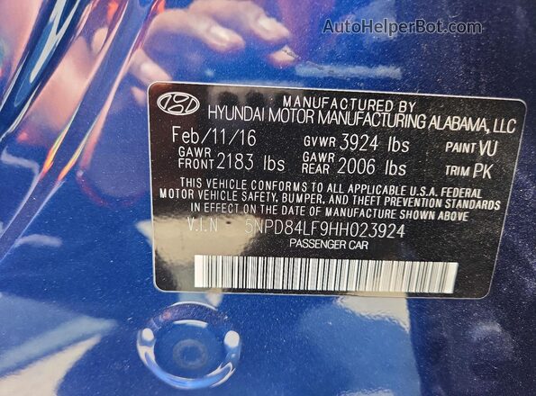5NPD84LF9HH023924 2017 HYUNDAI ELANTRA Синий Вид подкапотного пространства