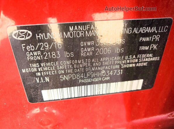 5NPD84LF9HH034731 2017 HYUNDAI ELANTRA Red ძრავის განყოფილების ხედი