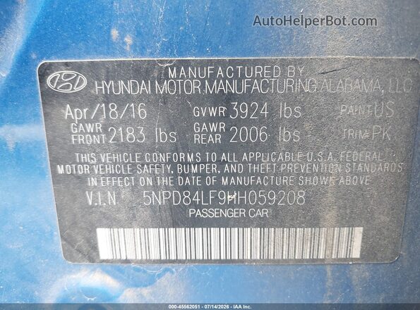 5NPD84LF9HH059208 2017 HYUNDAI ELANTRA Blue Շարժիչի բաժամունքի տեսք