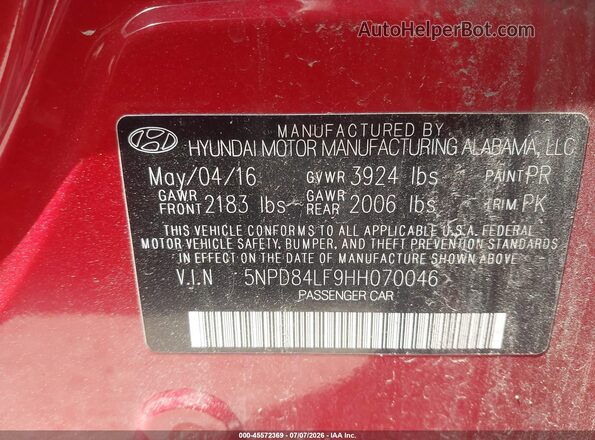 5NPD84LF9HH070046 2017 HYUNDAI ELANTRA Красный Вид подкапотного пространства