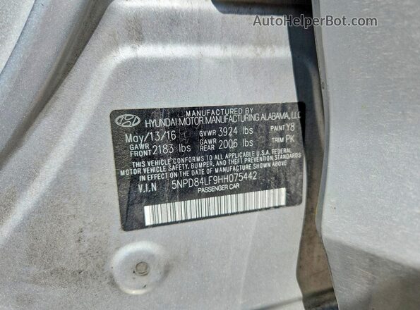 5NPD84LF9HH075442 2017 HYUNDAI ELANTRA Silver VIN կոդի պիտակի տեսք