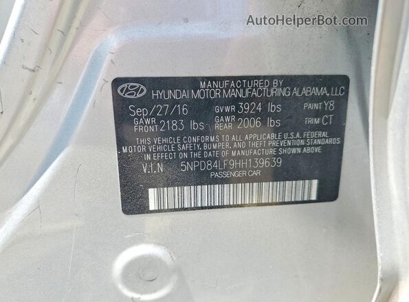 5NPD84LF9HH139639 2017 HYUNDAI ELANTRA Серебряный Вид наклейки с VIN-кодом