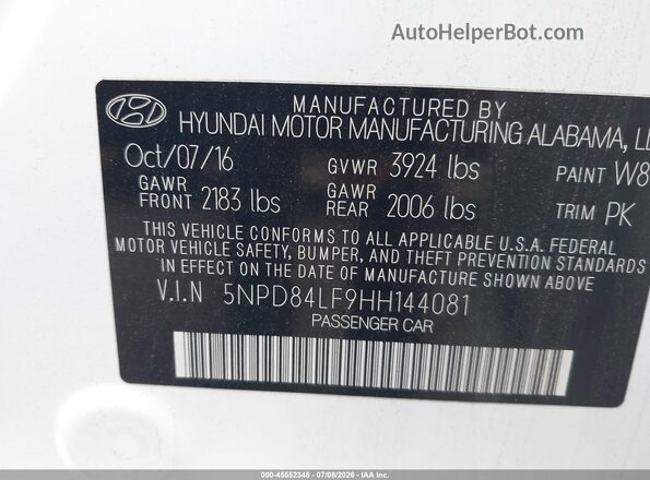 5NPD84LF9HH144081 2017 HYUNDAI ELANTRA White Engine compartment view
