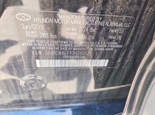 5NPD84LF9JH240671 2018 HYUNDAI ELANTRA Black VIN კოდის სტიკერის ხედი