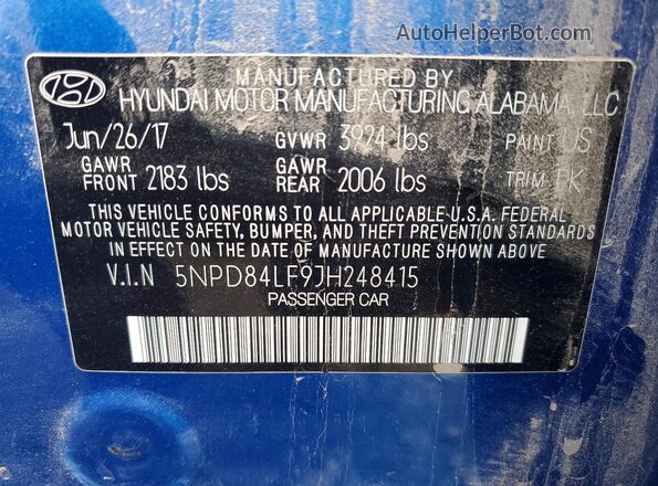 5NPD84LF9JH248415 2018 HYUNDAI ELANTRA Синий Вид подкапотного пространства