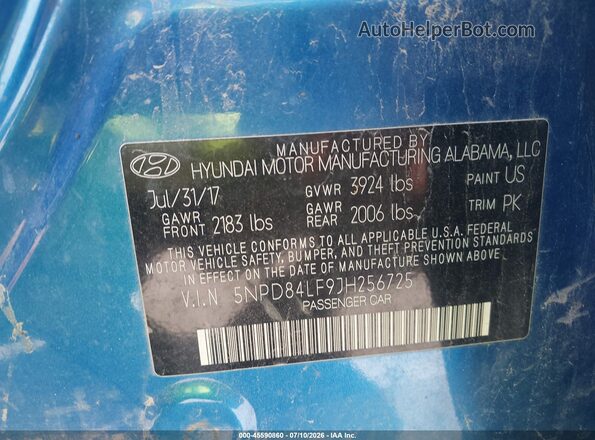 5NPD84LF9JH256725 2018 HYUNDAI ELANTRA Blue Engine compartment view