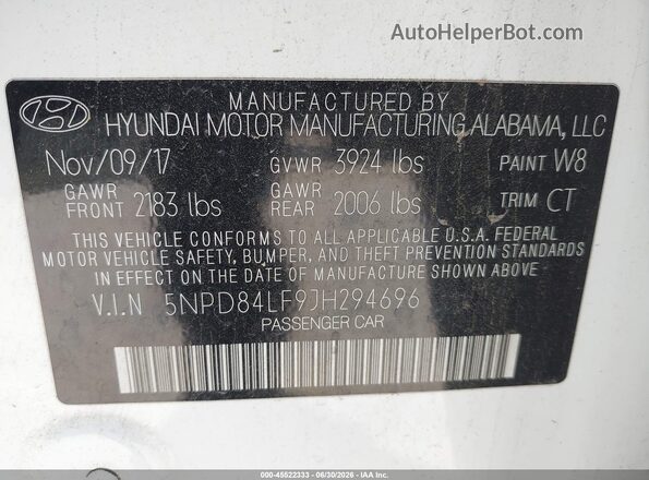 5NPD84LF9JH294696 2018 HYUNDAI ELANTRA White Engine compartment view