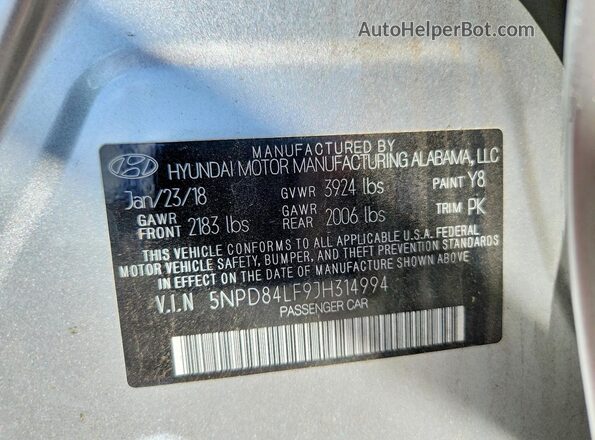 5NPD84LF9JH314994 2018 HYUNDAI ELANTRA Silver Widok komory silnika