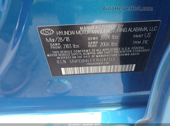 5NPD84LF9JH342133 2018 HYUNDAI ELANTRA Blue Widok komory silnika