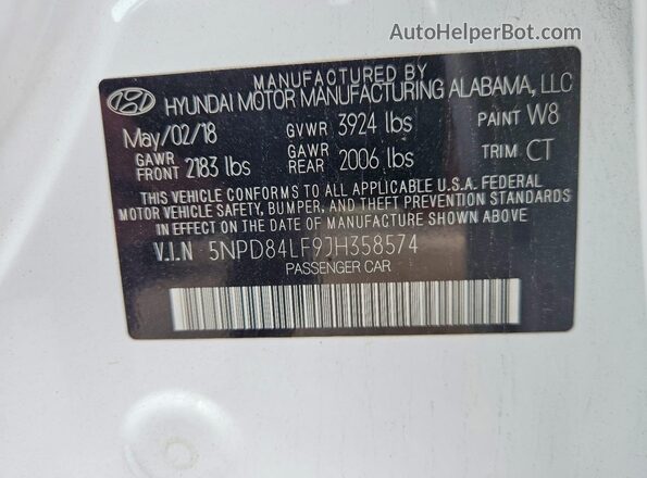 5NPD84LF9JH358574 2018 HYUNDAI ELANTRA White Вид підкапотного простору