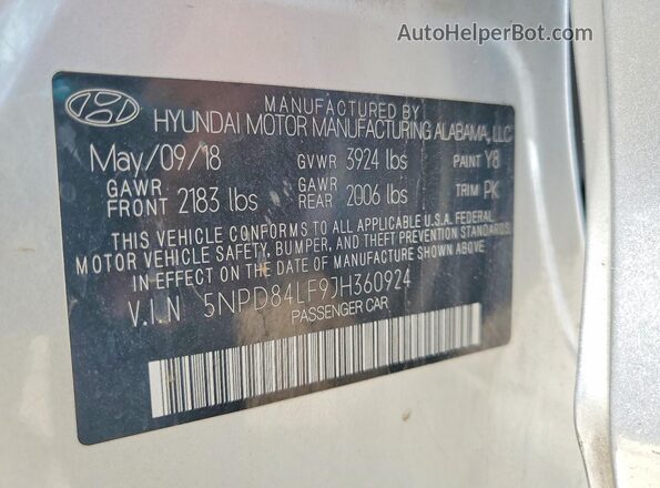 5NPD84LF9JH360924 2018 HYUNDAI ELANTRA Silver VIN կոդի պիտակի տեսք
