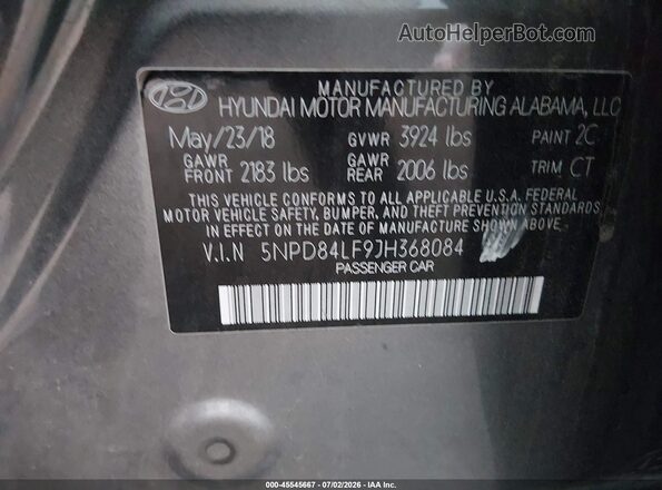 5NPD84LF9JH368084 2018 HYUNDAI ELANTRA Gray ძრავის განყოფილების ხედი