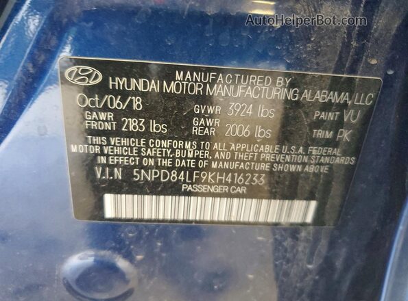 5NPD84LF9KH416233 2019 HYUNDAI ELANTRA Blue ძრავის განყოფილების ხედი