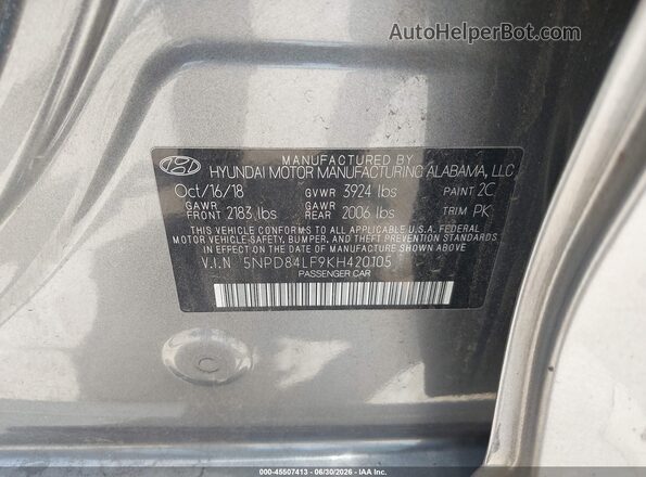 5NPD84LF9KH420105 2019 HYUNDAI ELANTRA Gray Շարժիչի բաժամունքի տեսք