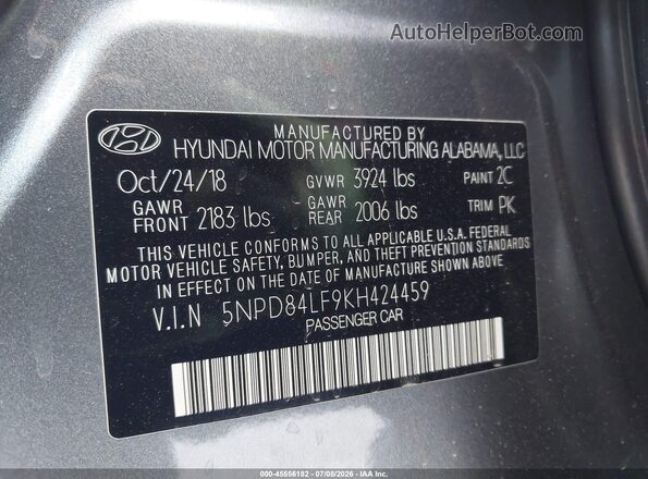 5NPD84LF9KH424459 2019 HYUNDAI ELANTRA Gray Շարժիչի բաժամունքի տեսք