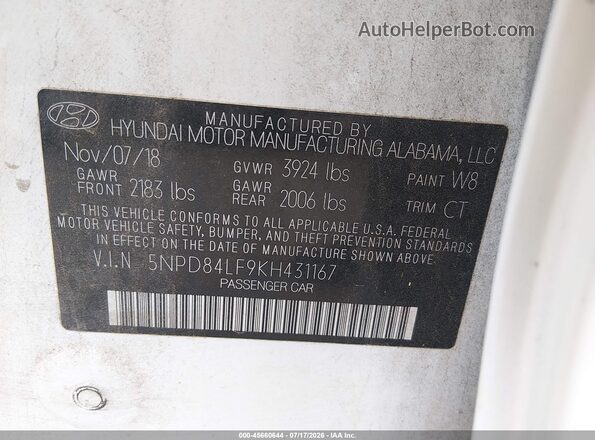 5NPD84LF9KH431167 2019 HYUNDAI ELANTRA White Vista del compartimento del motor