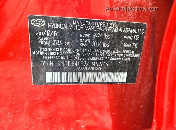 5NPD84LF9KH459616 2019 HYUNDAI ELANTRA Красный Вид наклейки с VIN-кодом