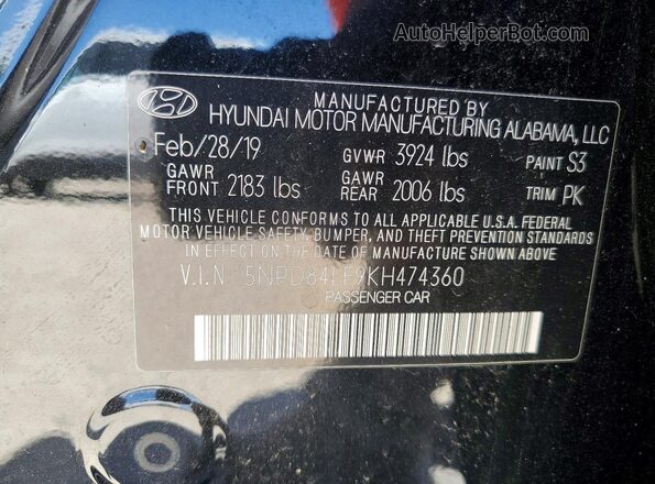 5NPD84LF9KH474360 2019 HYUNDAI ELANTRA Black Engine compartment view