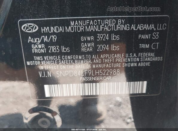 5NPD84LF9LH522988 2020 HYUNDAI ELANTRA Черный Вид подкапотного пространства