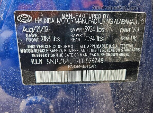 5NPD84LF9LH526748 2020 HYUNDAI ELANTRA Blue ძრავის განყოფილების ხედი