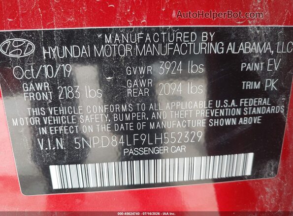 5NPD84LF9LH552329 2020 HYUNDAI ELANTRA Red Շարժիչի բաժամունքի տեսք