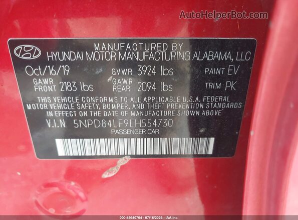 5NPD84LF9LH554730 2020 HYUNDAI ELANTRA Красный Вид подкапотного пространства