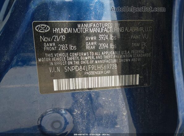 5NPD84LF9LH569728 2020 HYUNDAI ELANTRA Blue Շարժիչի բաժամունքի տեսք