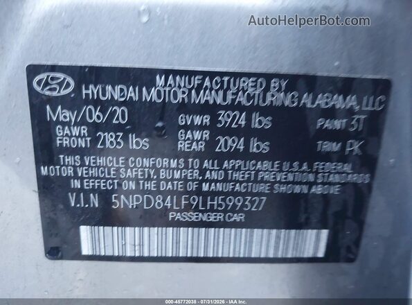 5NPD84LF9LH599327 2020 HYUNDAI ELANTRA Silver Engine compartment view