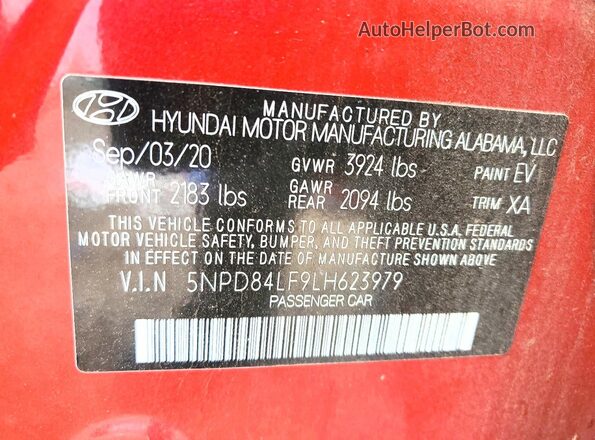5NPD84LF9LH623979 2020 HYUNDAI ELANTRA Red Widok naklejki z numerem VIN