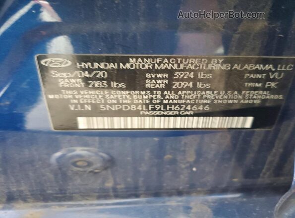 5NPD84LF9LH624646 2020 HYUNDAI ELANTRA Blue Вид наклейки з VIN-кодом
