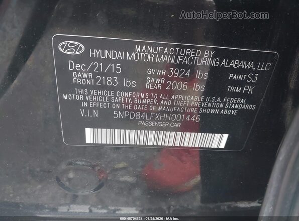 5NPD84LFXHH001446 2017 HYUNDAI ELANTRA Black Vista del compartimento del motor