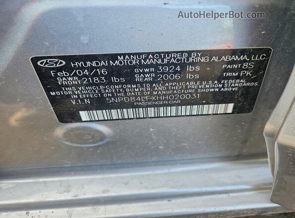 5NPD84LFXHH020031 2017 HYUNDAI ELANTRA Gray Vista de la etiqueta del VIN