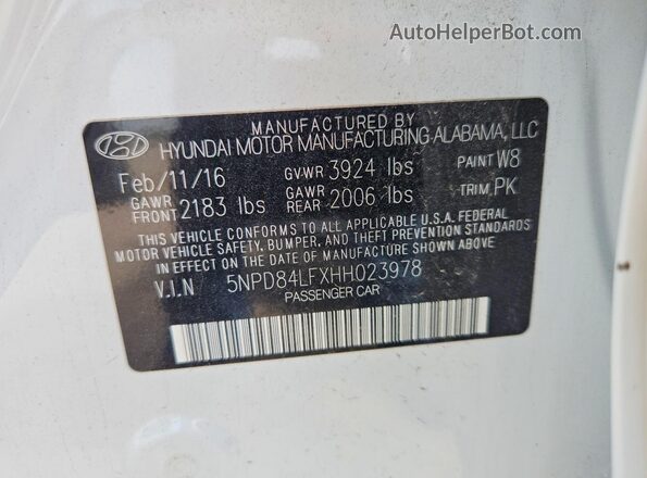 5NPD84LFXHH023978 2017 HYUNDAI ELANTRA White Vista de la etiqueta del VIN