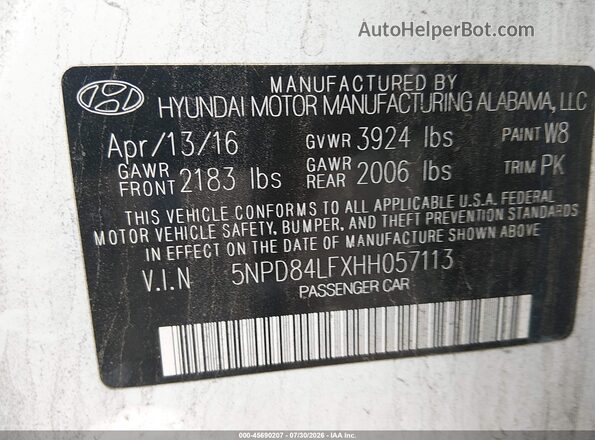 5NPD84LFXHH057113 2017 HYUNDAI ELANTRA Белый Вид подкапотного пространства