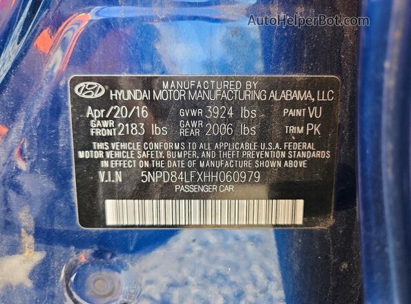 5NPD84LFXHH060979 2017 HYUNDAI ELANTRA Синий Вид подкапотного пространства