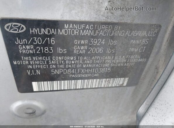 5NPD84LFXHH103815 2017 HYUNDAI ELANTRA Silver Vista del compartimento del motor