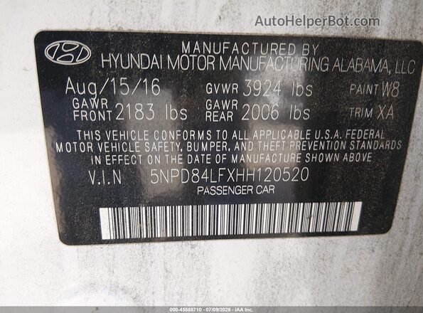 5NPD84LFXHH120520 2017 HYUNDAI ELANTRA White Вид підкапотного простору