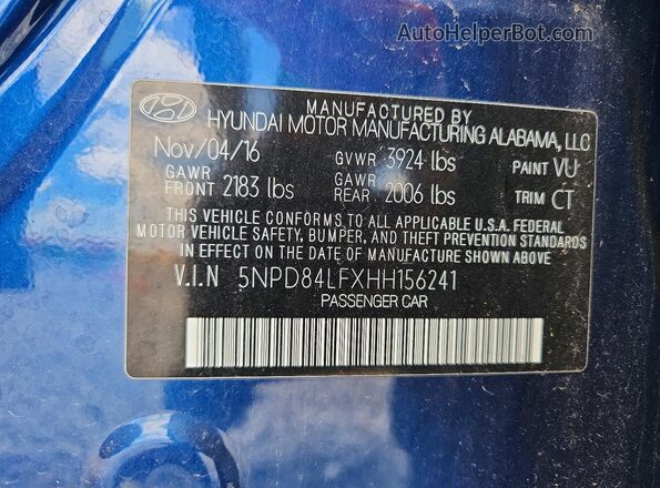 5NPD84LFXHH156241 2017 HYUNDAI ELANTRA Blue Engine compartment view