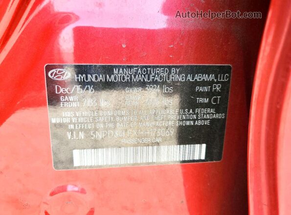 5NPD84LFXHH173069 2017 HYUNDAI ELANTRA Red Widok komory silnika